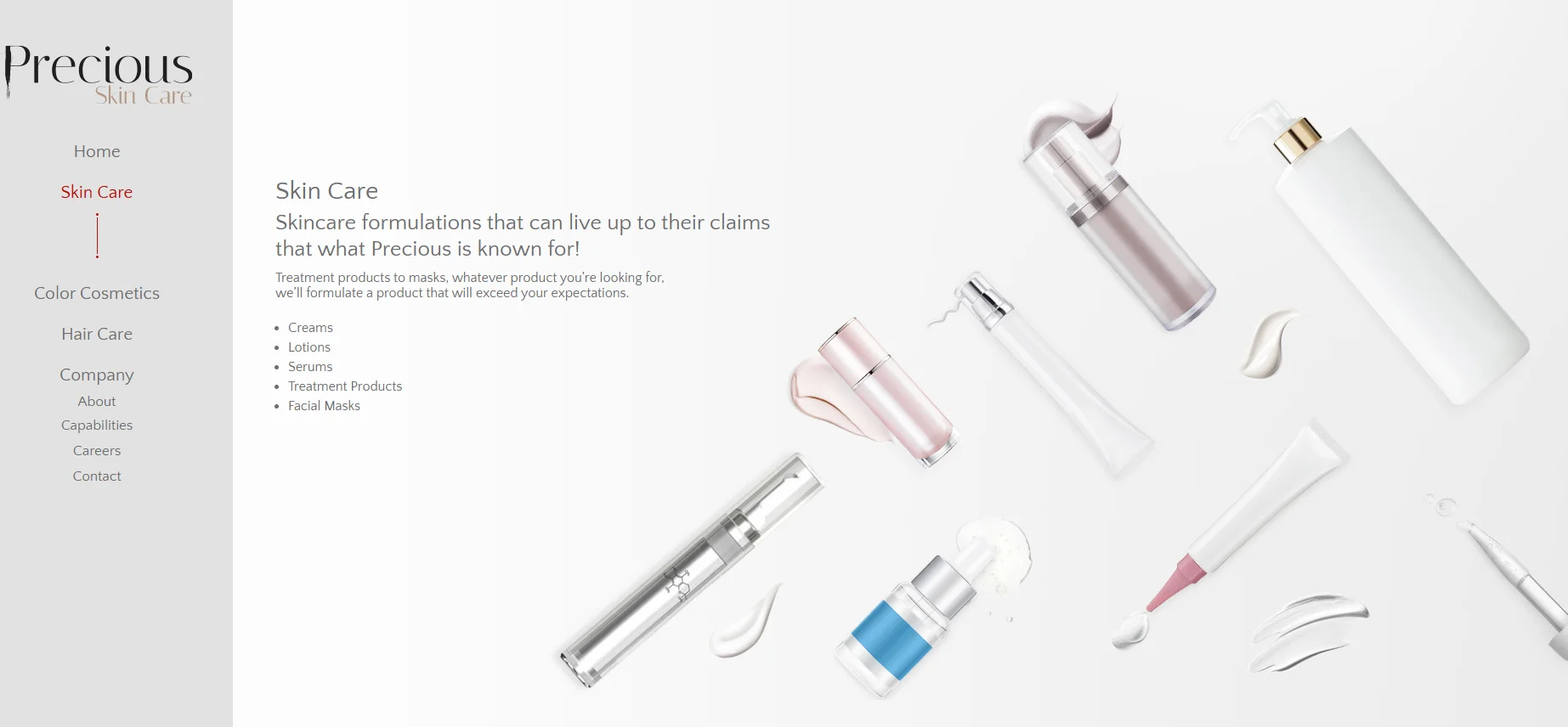 Various skincare product containers displayed with cream smears, showcasing a diverse range of Precious skincare offerings.